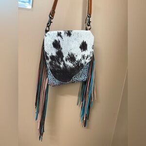 Myra Bag Black & White Hair-on-Hide Fringe Crossbody with Turquoise Accents